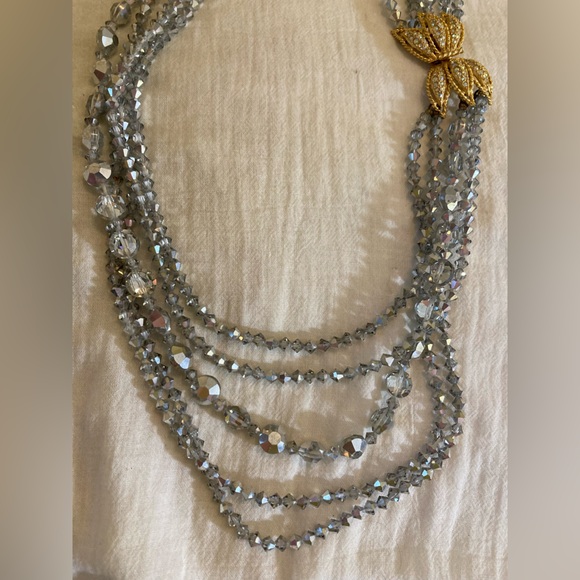 Multi-Strands Crystals‎ Beaded Necklace with Fancy Clasp Side Pendant Vintage - Picture 3 of 13